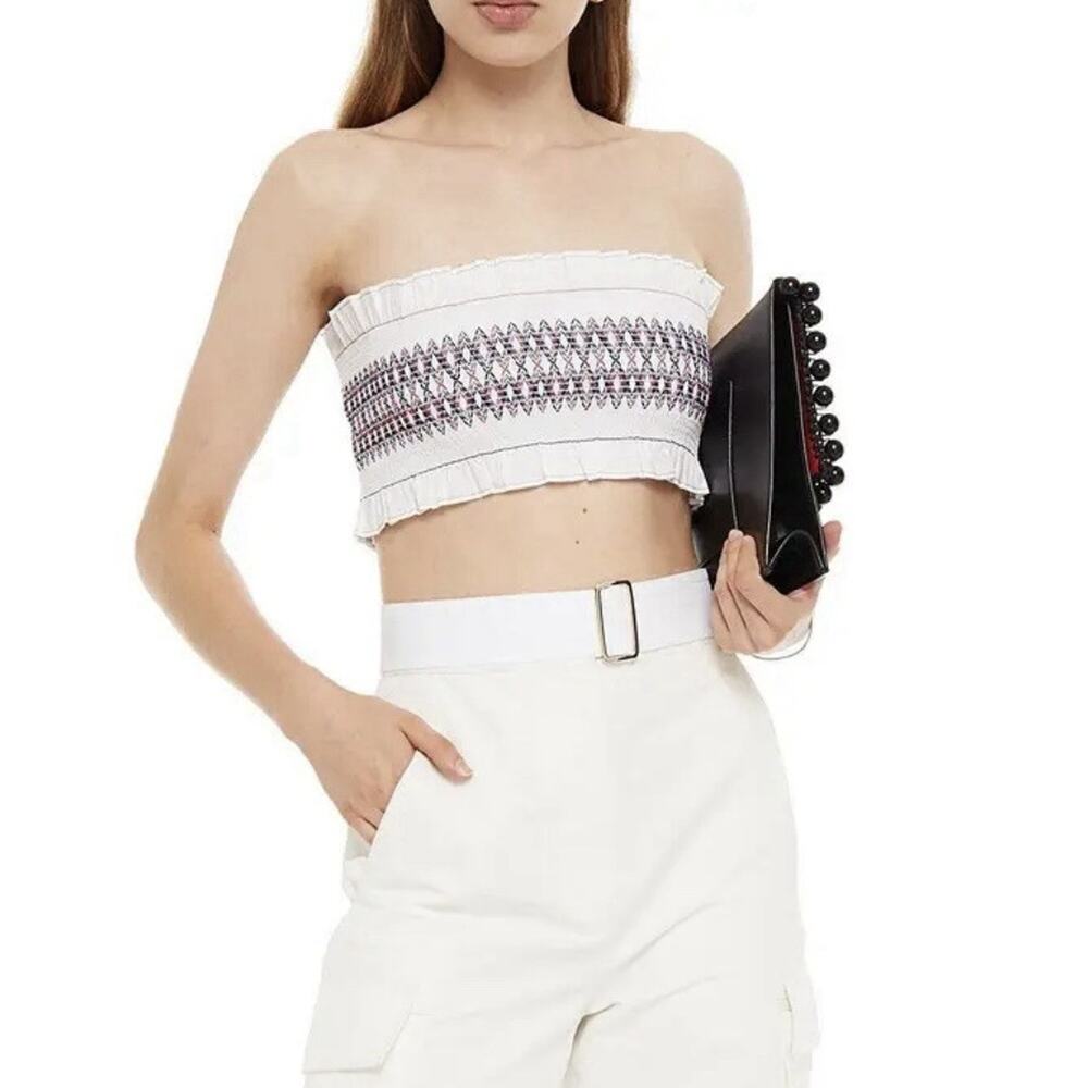 Tibi White Smocked Embroidered Tube Top Strapless Crop Top M/L Boho Festival NWT